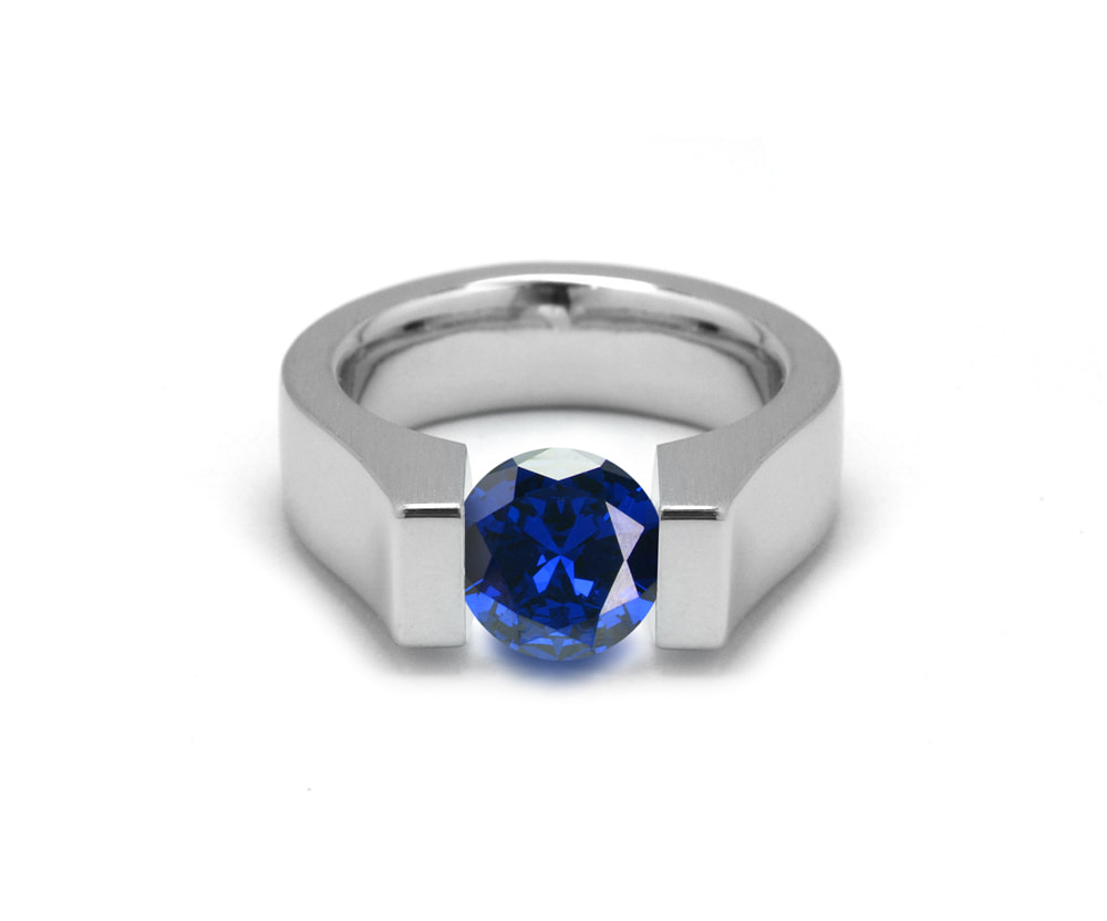 Blue Sapphire High Setting Tension Set Ring in Stainless Steel ...