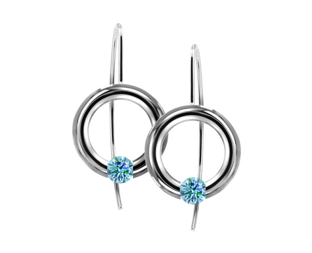 Blue Topaz Round Earrings Tension Set in Stainless Steel by Taormina Jewelry